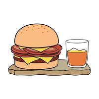 A delicious triple meat burger with bacon and yellow cheese. accompanied with a glass of whiskey on vector