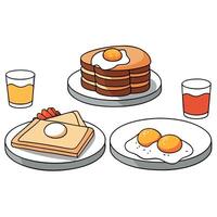A Egg And Bacon grilled Sandwich. surrounded by 5 plates full of eggs. toast. pancakes in a modern w vector