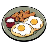 Delicious breakfast plate with bacon. eggs. melted cheese. and roasted potatoes. served on a rustic vector