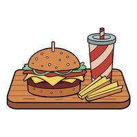 Beef burger on bread with fries with roasted bacon and cheese next to it. toppings and soda on a pie vector