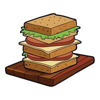 Deliciously stacked sandwiches with layers of cheese. vegetables. and savory meats on a rustic woode vector