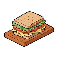 Delicious grilled sandwich with layers of fresh vegetables. meats. and toasted bread on a rustic woo vector