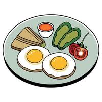 Delicious breakfast plate with sunny-side-up eggs. bacon. avocado toast. and fresh spinach on a wood vector
