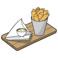 Fish and chips wrapped in faux newspaper. set against a wooden table with a side of tartar sauce and vector