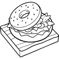 Close-up of a Savory Bacon and Egg Bagel with Sesame Seeds on Wooden Board. bagel. bacon. egg. break vector