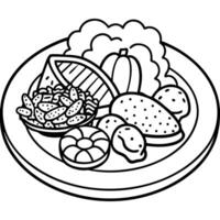 A meal served on a plate featuring an assortment of cooked meat. various vegetables. and a side of p vector