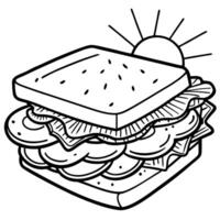 Fresh breakfast sandwich with egg. cheese. bacon. tomatoes. lettuce. cucumbers and onions in sunlit vector