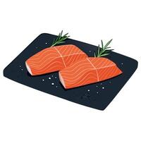 Two salmon fillets. raw. on a black slate cutting board Topped with rosemary sprigs and a dusting of vector
