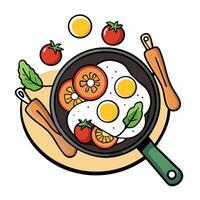 A skillet of fried eggs with tomatoes and bacon on a wooden table. surrounded by fresh vegetables an vector