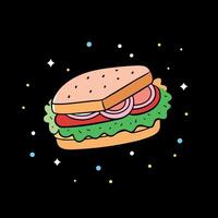 An image featuring a ham. lettuce. and bacon sandwich on a dark background adorned with confetti spr vector