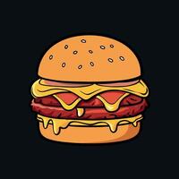 Beef burger with cheese. tomatoes. red onions. cucumber and lettuce on black dark background. Unheal vector