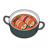 German pork roulades with vegetables and bacon cooked slowly with spicy gravy in a pot viewing from vector