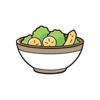 A close-up of a Caesar salad in a bowl. The salad contains romaine lettuce. croutons. and parmesan c vector
