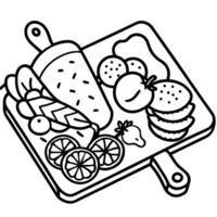 A wooden cutting board with a variety of meats and vegetables on it. Scene is inviting and appetizin vector
