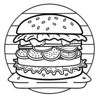 Beef burger with cheese. tomatoes. red onions. cucumber and lettuce on wooden background. Unhealthy vector