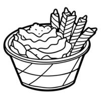 Cheesy fries with melted cheddar and bacon bits. served in a vintage basket with a side of sour crea vector