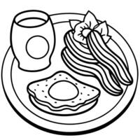 A delicious breakfast spread featuring sunny-side-up eggs. crispy bacon. avocado slices. and pancake vector