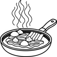 A wood table holds a frying pan filled with sizzling bacon and eggs Parmesan cheese dusting tops the vector