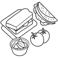 A cutting board with a sandwich containing carrots. lettuce. and cucumbers next to a bowl of tomatoe vector