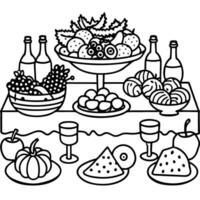A table full of food with a variety of fruits and vegetables. The table is set for a party or gather vector