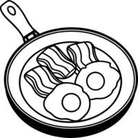A tight shot of eggs and bacon sizzling in a frying pan against a backdrop of additional eggs on a t vector
