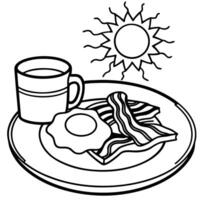 A delicious breakfast plate with crispy bacon. sunny-side-up eggs. and a cup of coffee on a sunlit t vector