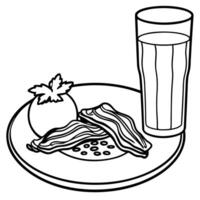 A plate of bacon and egg with parsley on top. The plate is on a table next to a glass of orange juic vector