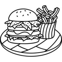 Cheeseburger with crispy bacon. lettuce. and melted cheese served with a side of fries on a wooden p vector