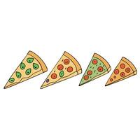 A row of six pizzas with different toppings. The pizzas are arranged in a row and are all cut into s vector