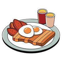 A plate of breakfast food with bacon. eggs. and toast. The plate is on a wooden table. Breakfast con vector