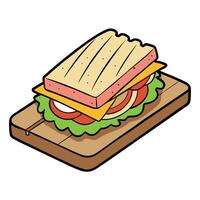 A deliciously grilled sandwich loaded with ham. melted cheese. and fresh greens on a rustic wooden b vector