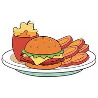 An enticing assortment of greasy goodness. featuring a plate piled high with a juicy bacon cheesebur vector