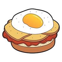 Close-up of a delicious breakfast sandwich with fried egg. bacon. and cheese on a toasted English mu vector