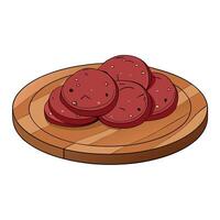 A wooden plate with slices of pastrami. dried beef meat seasoned with herbs. is displayed on a woode vector