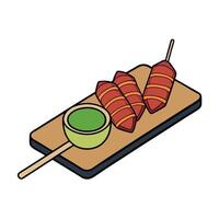 Grilled bacon wrapped corn on a stylish serving board accompanied by lime wedges and a dipping sauce vector