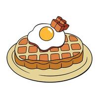 A waffle topped with crispy bacon. a poached egg. and another fried egg on top of a stack of fluffy vector