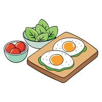 Healthy breakfast with avocado toast. fried eggs. cherry tomatoes. and spinach leaf on wooden table. vector
