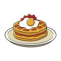 A plate topped with a stack of golden waffles smothered in crispy bacon and a perfectly cooked fried vector