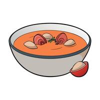 Close up of a bowl of tomato clam chowder with shellfish and bacon on the table With copyspace for t vector