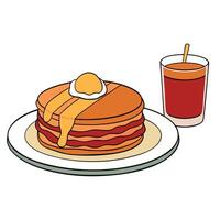 A hearty American breakfast. featuring fluffy pancakes with syrup. crispy bacon and scrambled eggs.j vector
