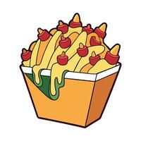 Greasy and indulgent loaded cheese fries topped with chili. cheese. jalapenos. bacon. and a drizzle vector