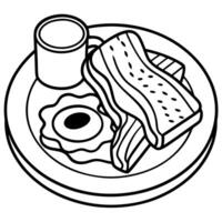Buttered grilled toasts with crispy bacon and frieds eggs in a plate.with a coup of coffee AIG51A. vector