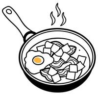 A frying pan filled with sizzling eggs. crispy bacon. and diced potatoes cooking over a stovetop. vector