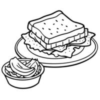 Delicious sandwich with bacon. cheese. and turkey on toasted bread. served with fresh salad on the s vector