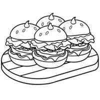Close-up of three juicy bacon cheeseburgers with caramelized onions and lettuce on a wooden board. vector