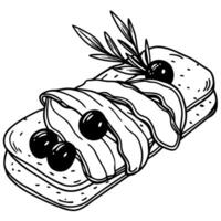 Delicious Bacon-Wrapped Appetizer with Black Olives on Rustic Bread Garnished with Fresh Rosemary. vector