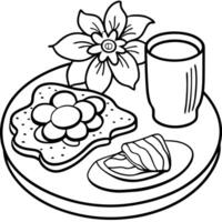 A breakfast plate with a fried egg. bacon. and toast on a floral tablecloth with flowers and tea. vector