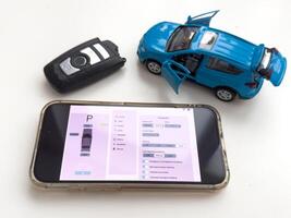 Unlocking car using mobile application on a smart phone. Concept of remote control and car protection through the internet photo
