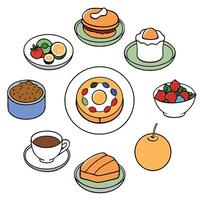 An image featuring a diversity of nine breakfast dishes including pancakes. eggs. meats. and soup vector
