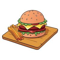 Close Up of a Juicy Cheeseburger With Bacon and Pickles Served With French Fries on a Wooden Board vector